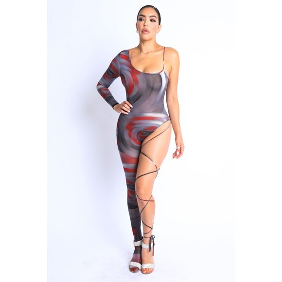 Women Paint Printed One Sleeve One Leg Tie Detailed Jumpsuit Sexy Jumpsuit - Picture 6 of 15